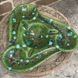 Vintage Signed 1973 Green Turquoise Atomic Drip Glaze Ceramic Pottery Ashtray